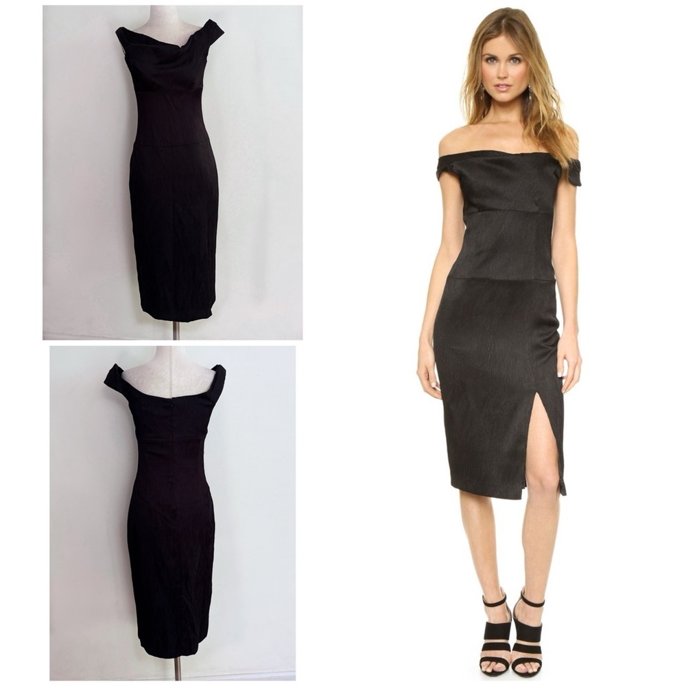 Black Halo "Jackie O " Black Ribbed Off Shoulder Sheath Business Cocktail Dress​